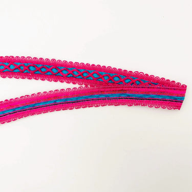 Blue Cotton Fabric Lace Trim with Dark Pink Thread Embroidery, Trim By 3 Yards, Craft Decorative Ribbon